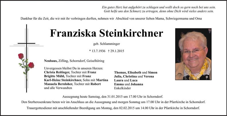 Traueranzeige Franziska Steinkirchner