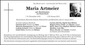 Traueranzeige Maria Artmeier