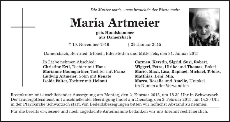 Traueranzeige Maria Artmeier