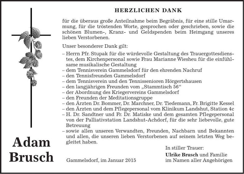 Traueranzeige Adam Brusch