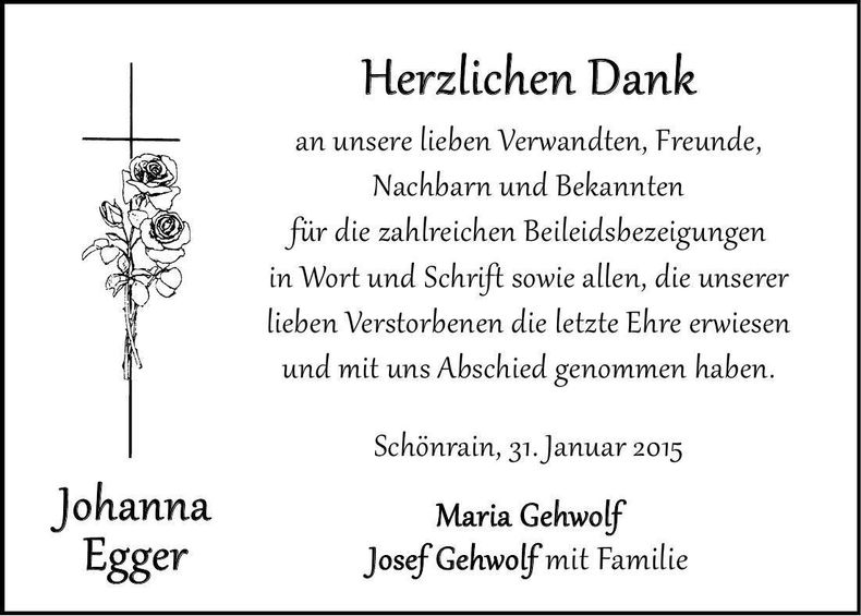 Traueranzeige Johanna Egger