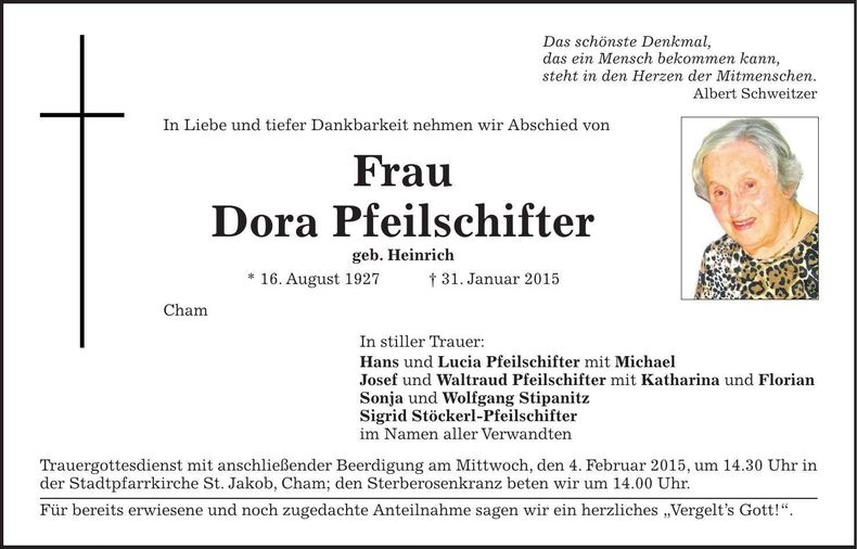 Traueranzeige Dora Pfeilschifter