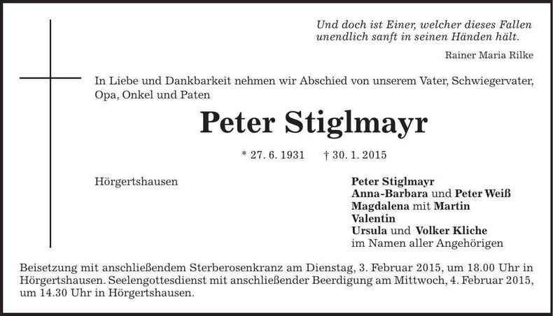Traueranzeige Peter Stiglmayr