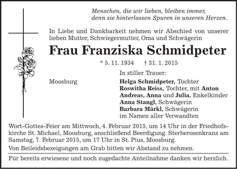 Traueranzeige Franziska Schmidpeter