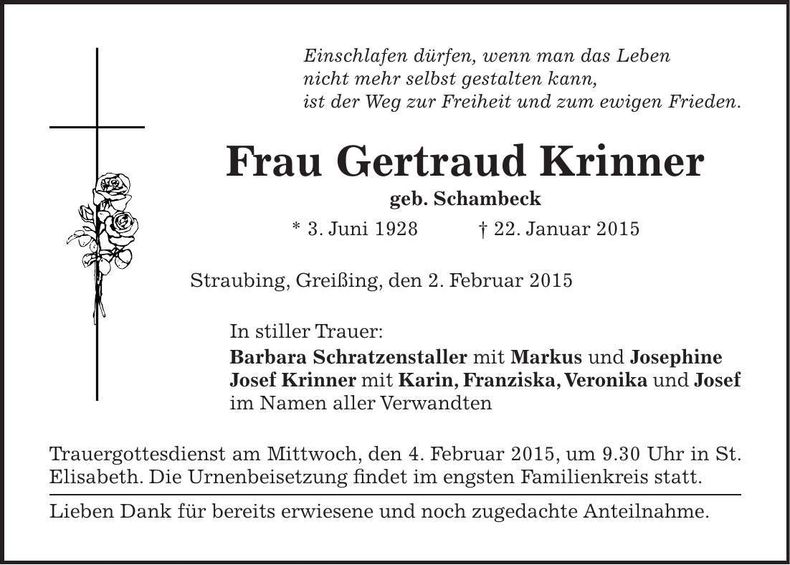Traueranzeige Gertraud Krinner