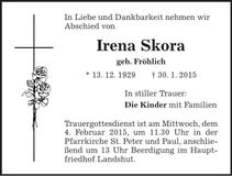 Traueranzeige Irene Skora