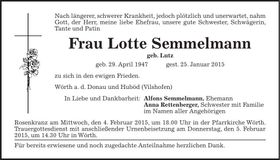 Traueranzeige Lotte Semmelmann
