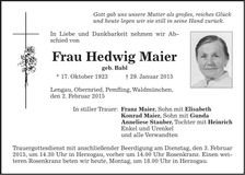 Traueranzeige Hedwig Maier