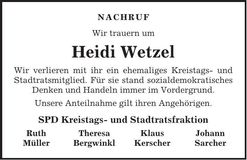 Traueranzeige Heidi Wetzel