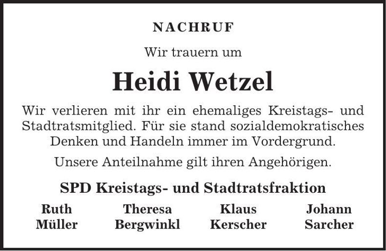 Traueranzeige Heidi Wetzel