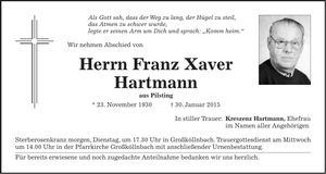 Traueranzeige Franz Xaver Hartmann
