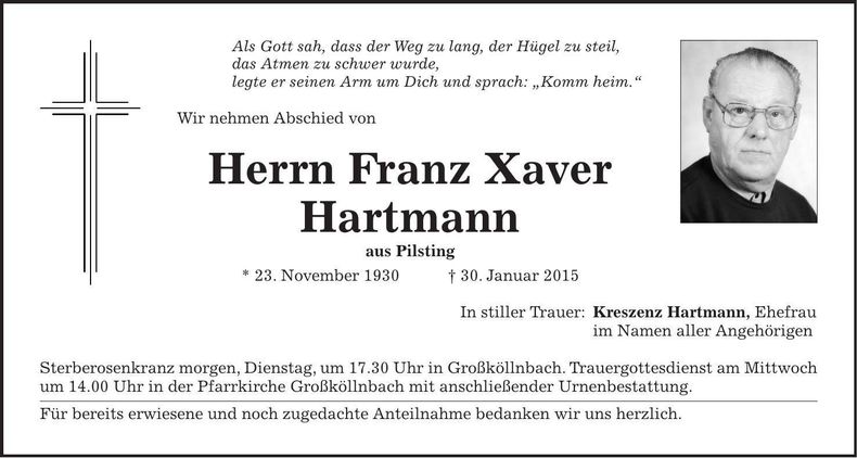 Traueranzeige Franz Xaver Hartmann