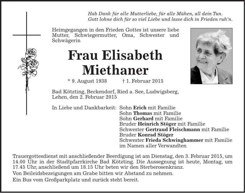 Traueranzeige Elisabeth Miethaner