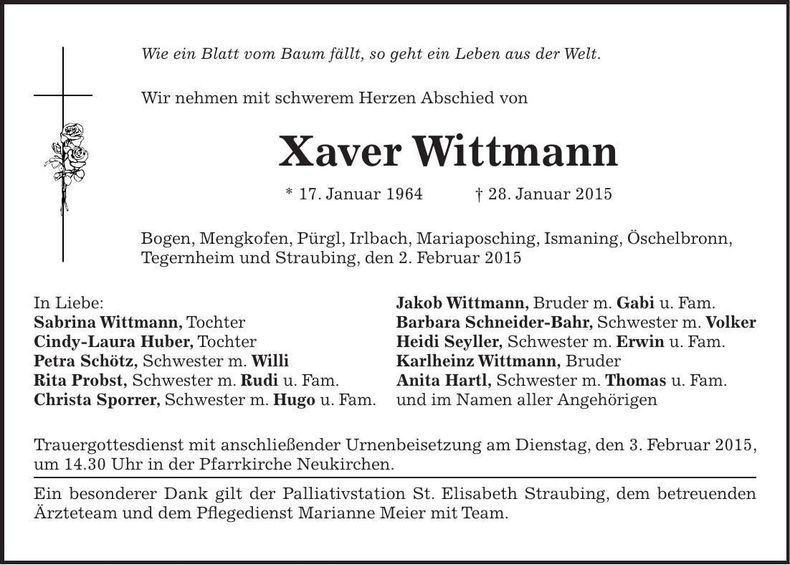 Traueranzeige Xaver Wittmann