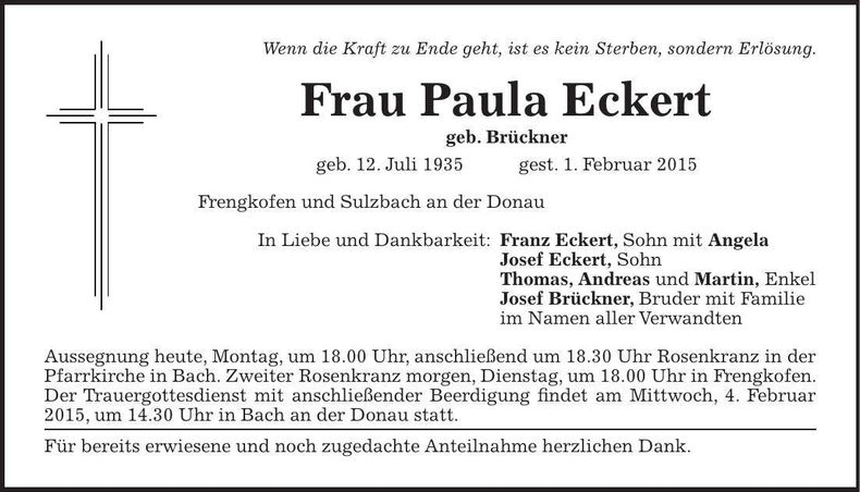 Traueranzeige Paula Eckert
