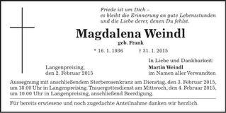 Traueranzeige Magdalena Weindl