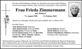 Traueranzeige Frieda Zimmermann