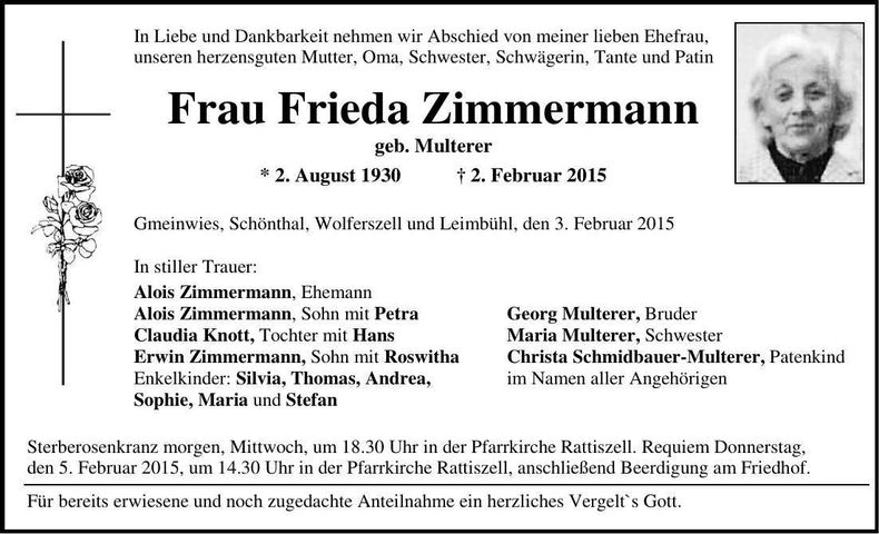 Traueranzeige Frieda Zimmermann