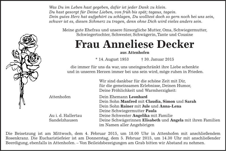 Traueranzeige Anneliese Decker
