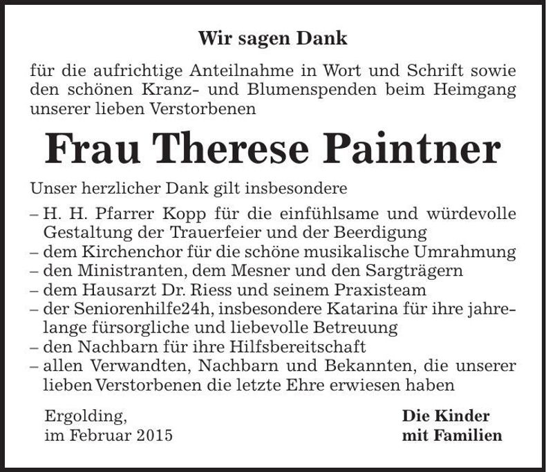 Traueranzeige Therese Paintner