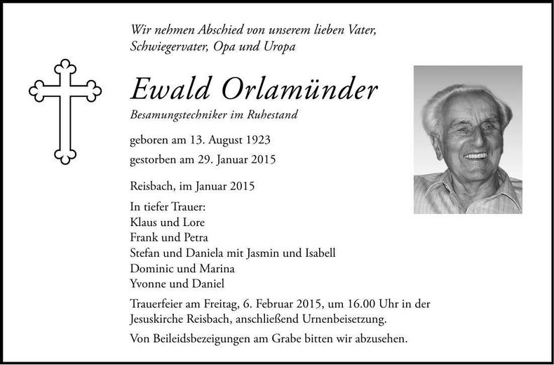 Traueranzeige Ewald Orlamünder