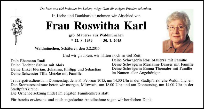 Traueranzeige Roswitha Karl
