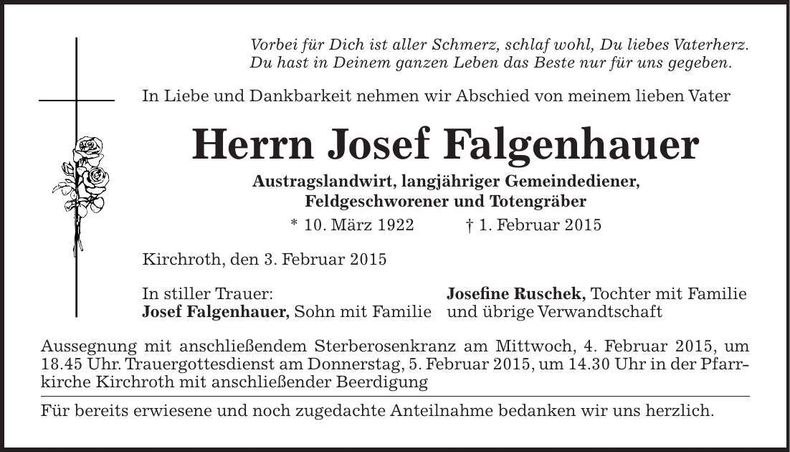 Traueranzeige Josef Falgenhauer