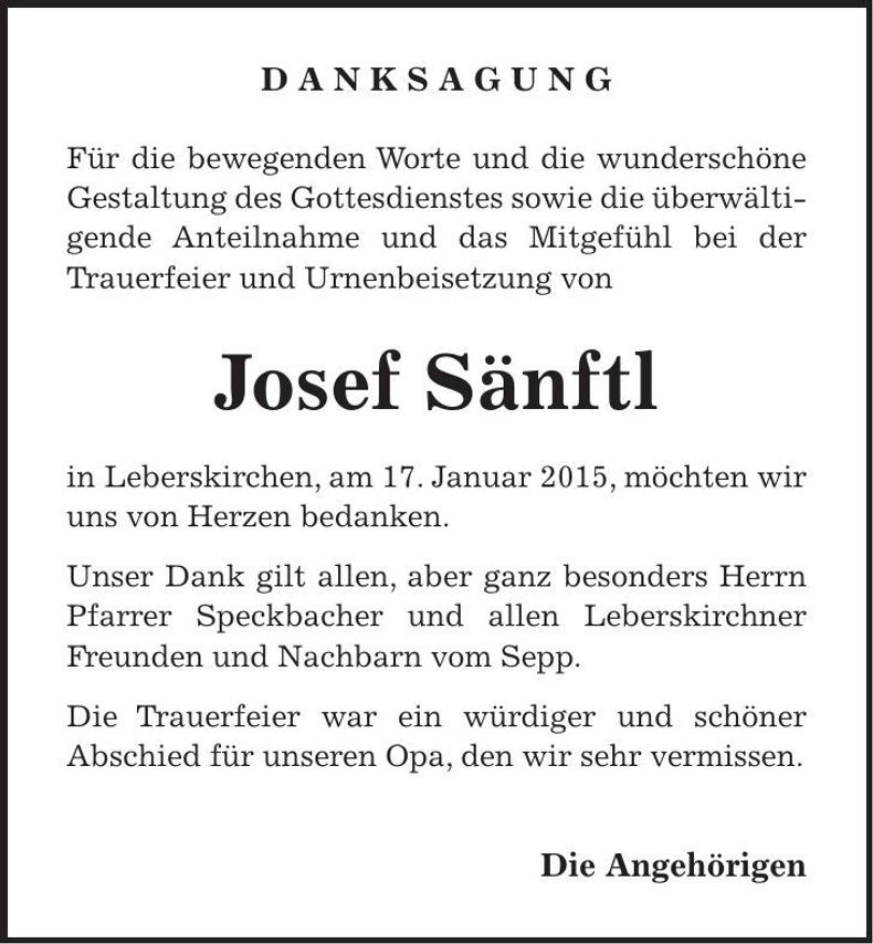 Traueranzeige Josef Sänftl