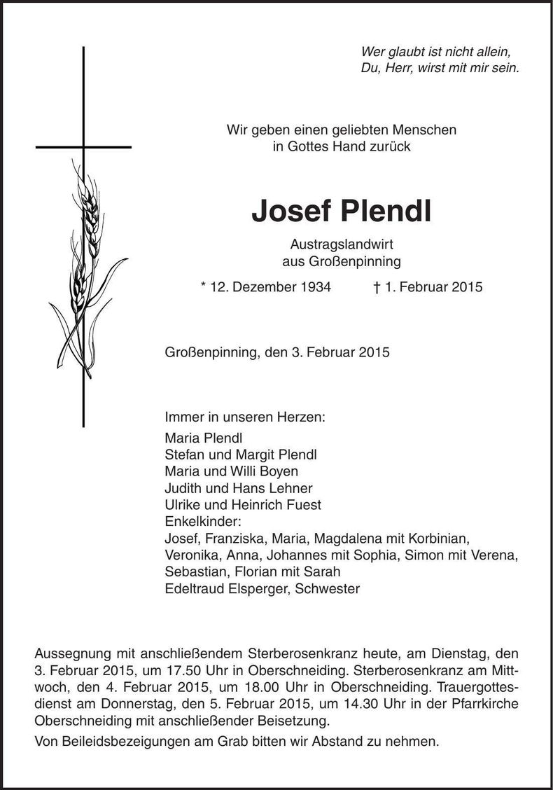 Traueranzeige Josef Plendl