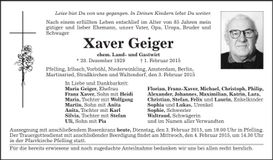 Traueranzeige Xaver Geiger