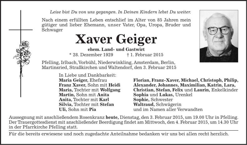 Traueranzeige Xaver Geiger