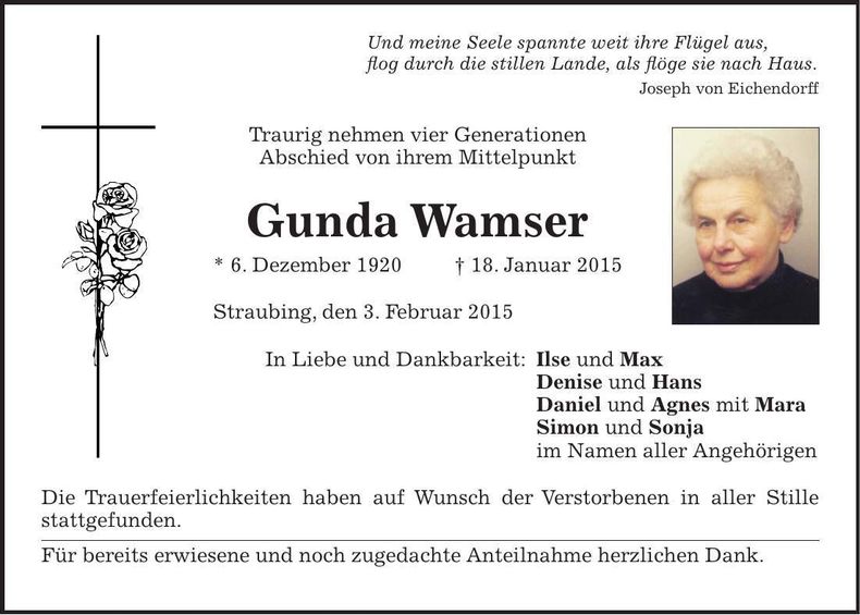Traueranzeige Gunda Wamser