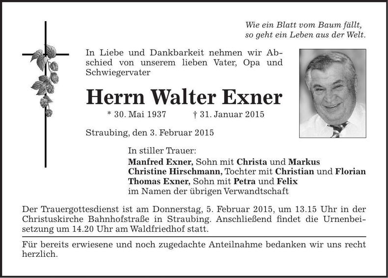 Traueranzeige Walter Exner