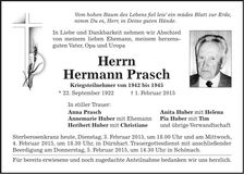 Traueranzeige Hermann Prasch