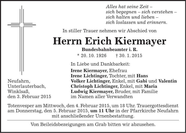Traueranzeige Erich Kiermayer