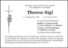 Traueranzeige Therese Sigl