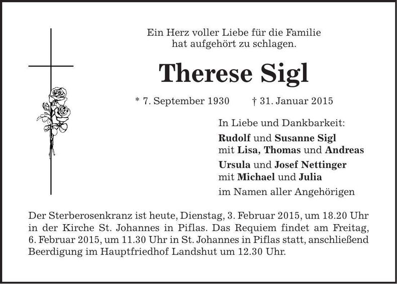 Traueranzeige Therese Sigl