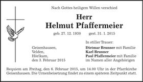 Traueranzeige Helmut Pfaffermeier
