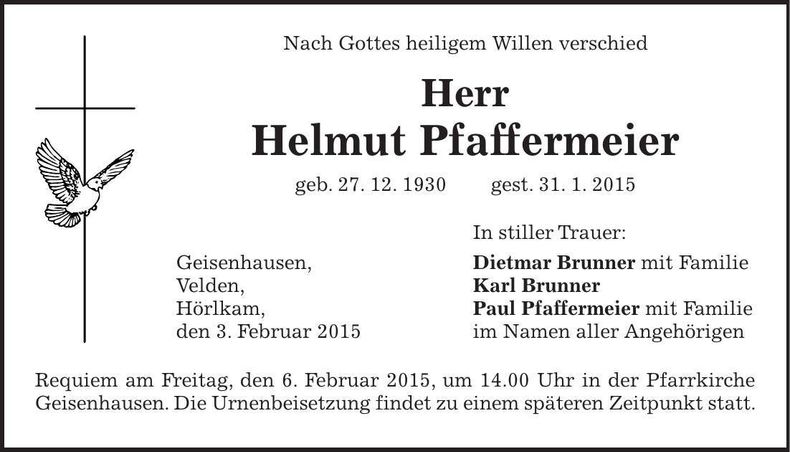 Traueranzeige Helmut Pfaffermeier