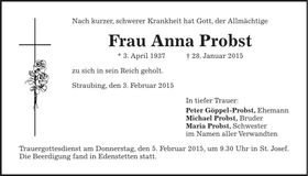 Traueranzeige Anna Probst