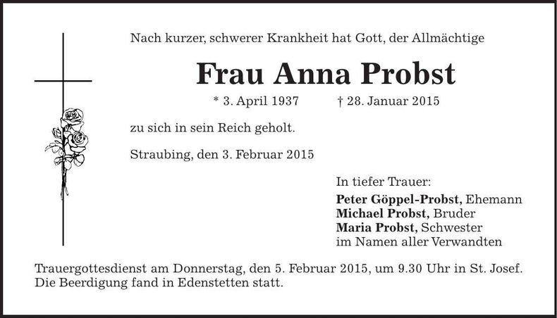 Traueranzeige Anna Probst