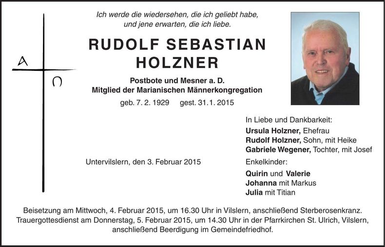 Traueranzeige Rudolf Sebastian Holzner