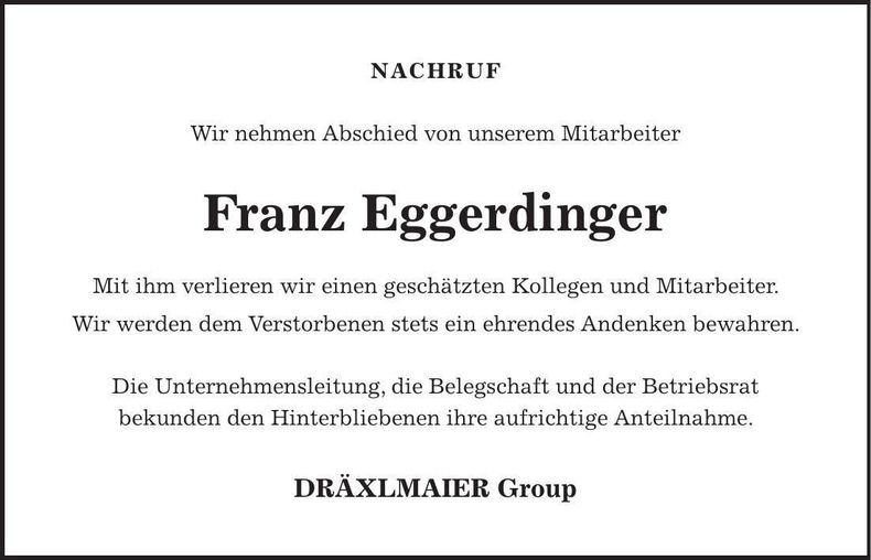 Traueranzeige Franz Eggerdinger