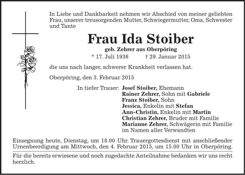 Traueranzeige Ida Stoiber