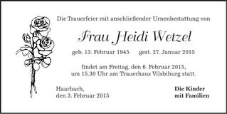 Traueranzeige Heidi Wetzel