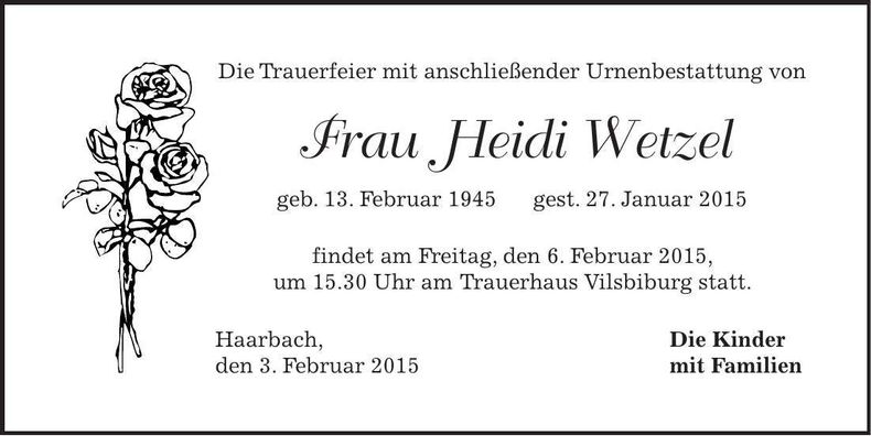 Traueranzeige Heidi Wetzel