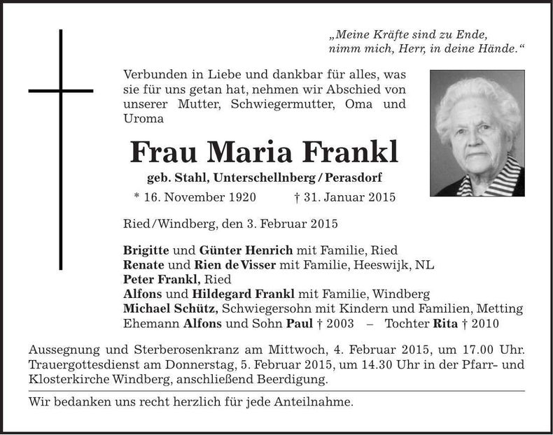 Traueranzeige Maria Frankl