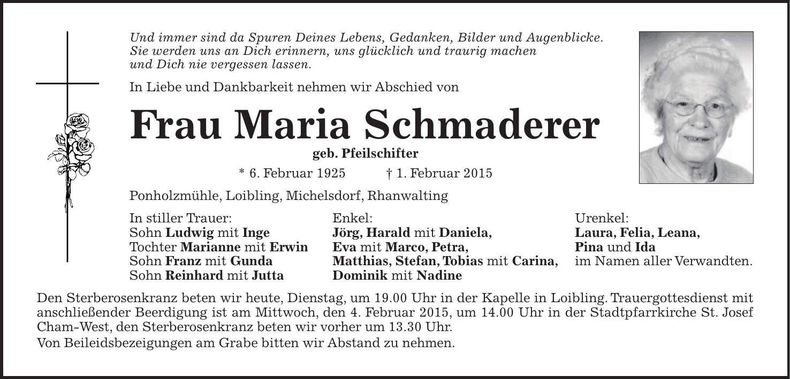 Traueranzeige Maria Schmaderer