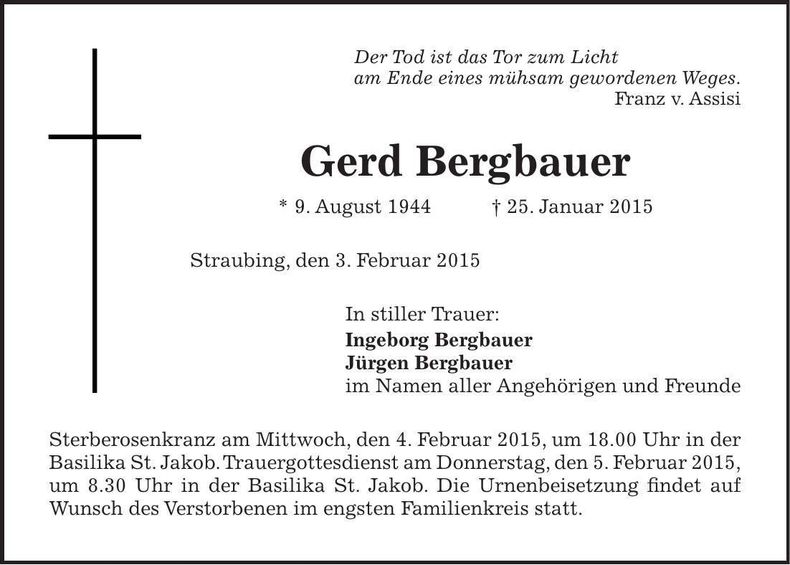 Traueranzeige Gerd Bergbauer