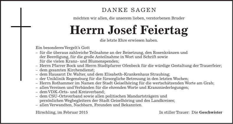 Traueranzeige Josef Feiertag